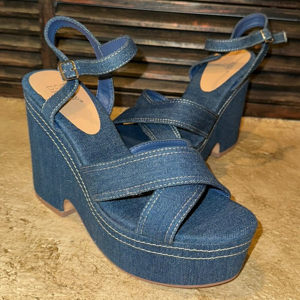 Denim Platform Wedge Sandals with Ankle Strap - Blue